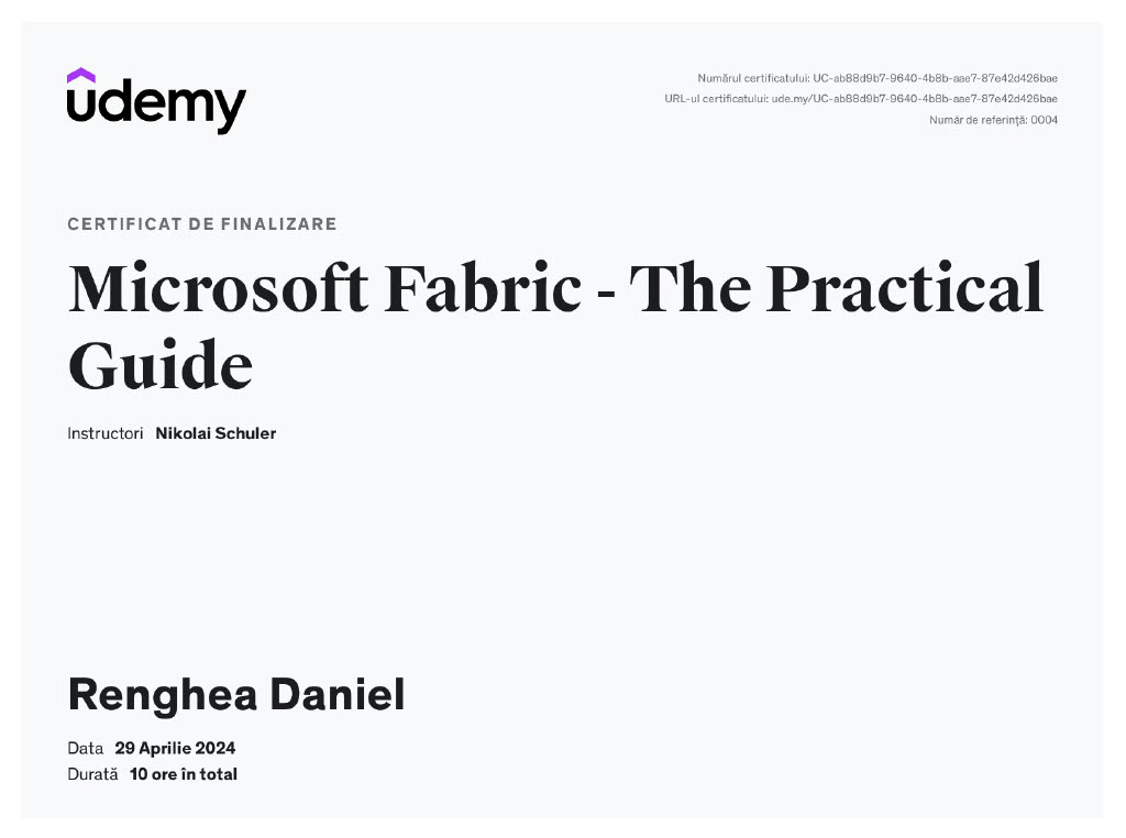 Certificat absolvire curs Microsoft Fabric