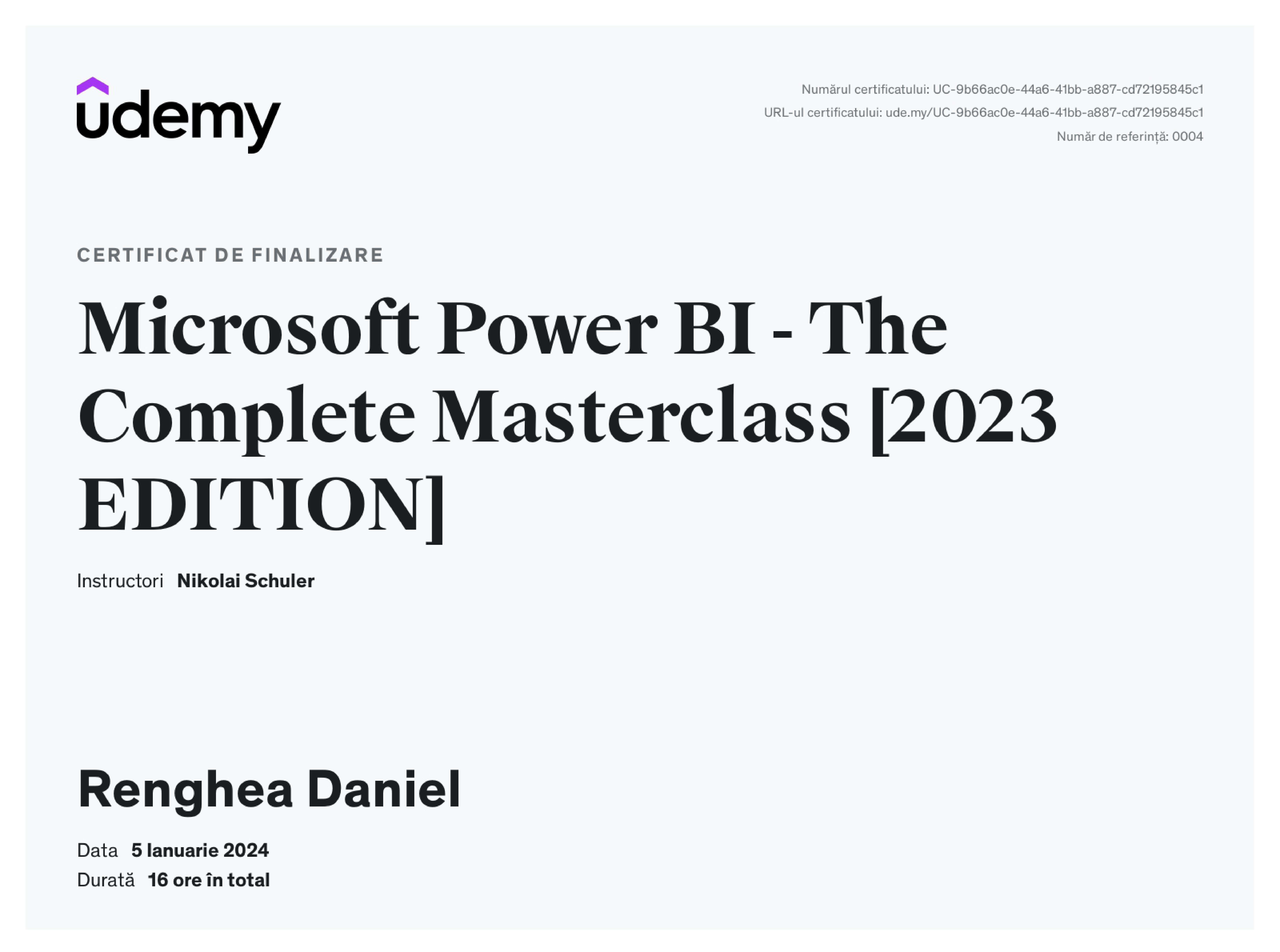 Certificat absolvire curs complet de Microsoft Power BI