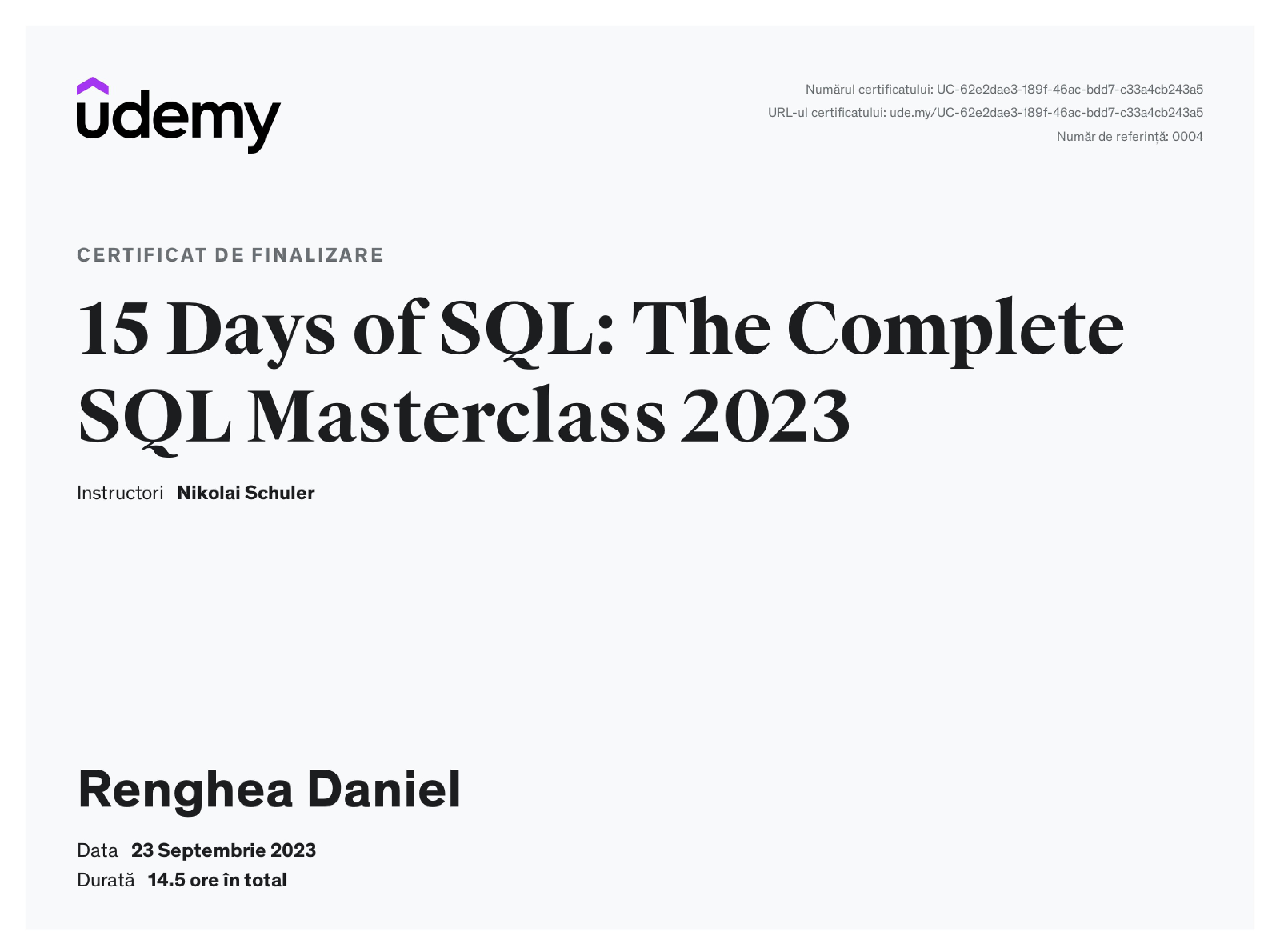 Certificat absolvire curs avansati SQL